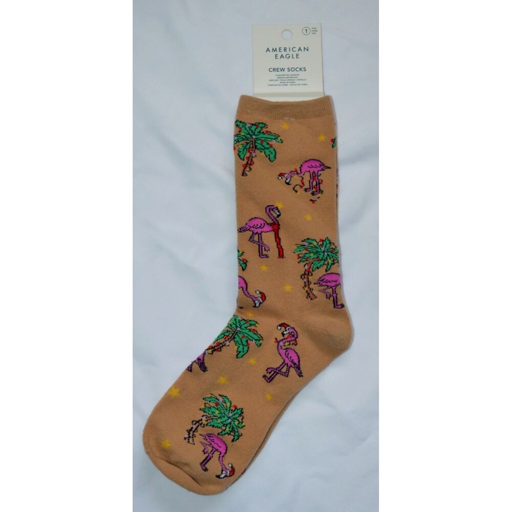 American Eagle Crew Socks Christmas Flamingo Print New Santa Hat Scarf Palm Tree